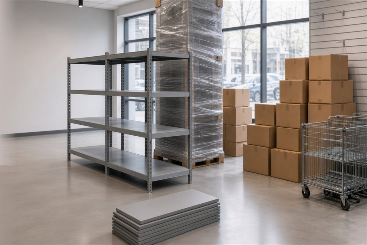 Empty retail gondola shelving, carts, cartons, and a stretch-wrapped store fixture staged for relocation