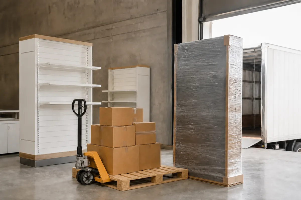Retail and commercial fixtures staged for delivery and installation