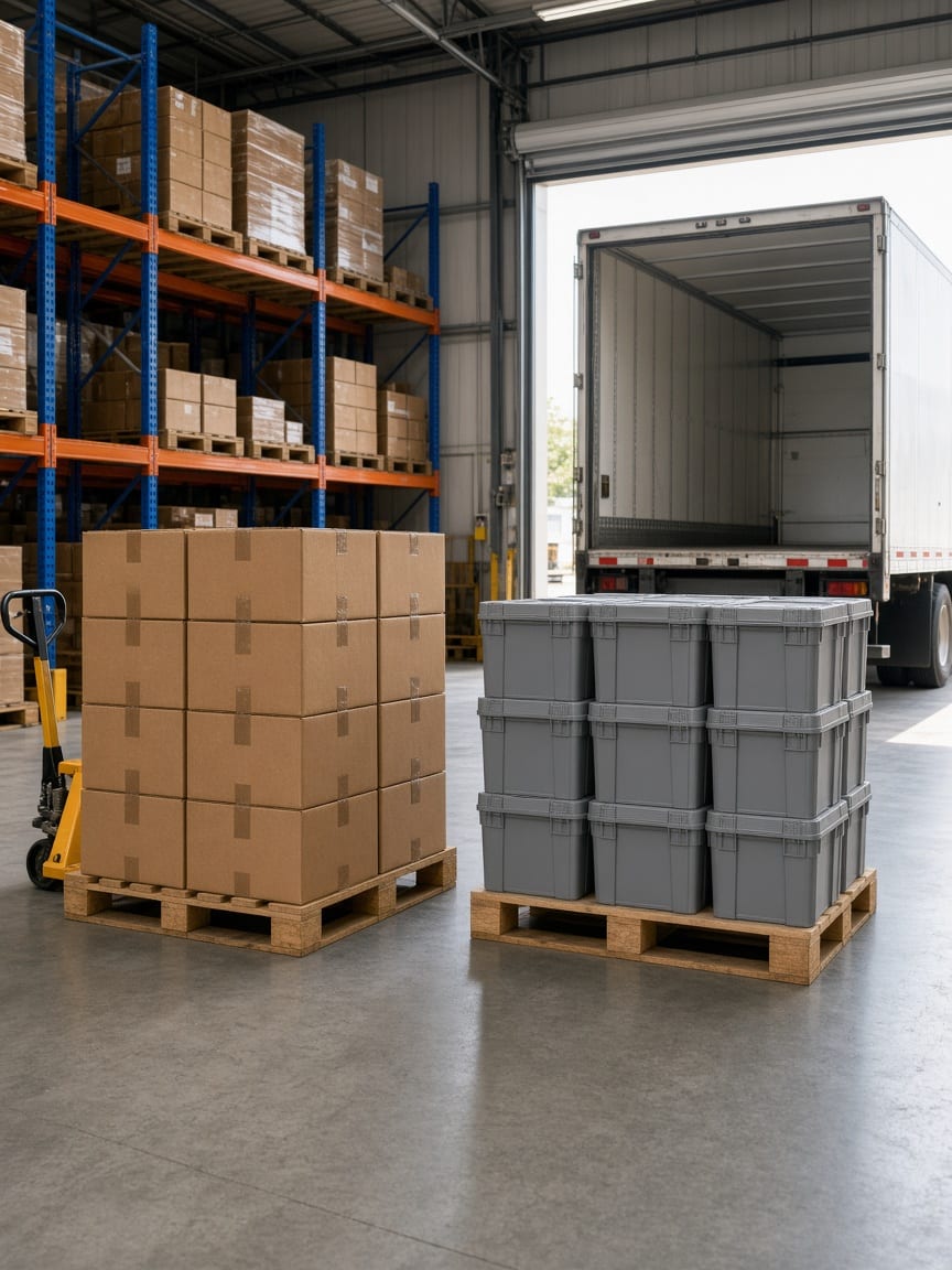 Loading dock with neatly palletized cartons, stacked moving totes, warehouse racking, and a truck ready for a commercial relocation