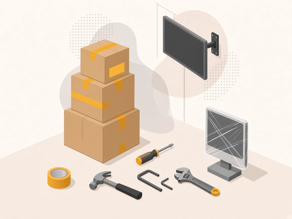 Office move-day equipment including labeled cartons, a wrapped monitor, packing tape, and tools