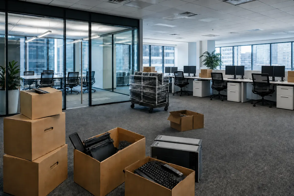Glass-walled office and conference room with moving cartons staged for relocation