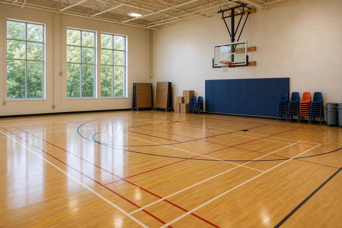 School gymnasium with stacked chairs and moving cartons staged for relocation