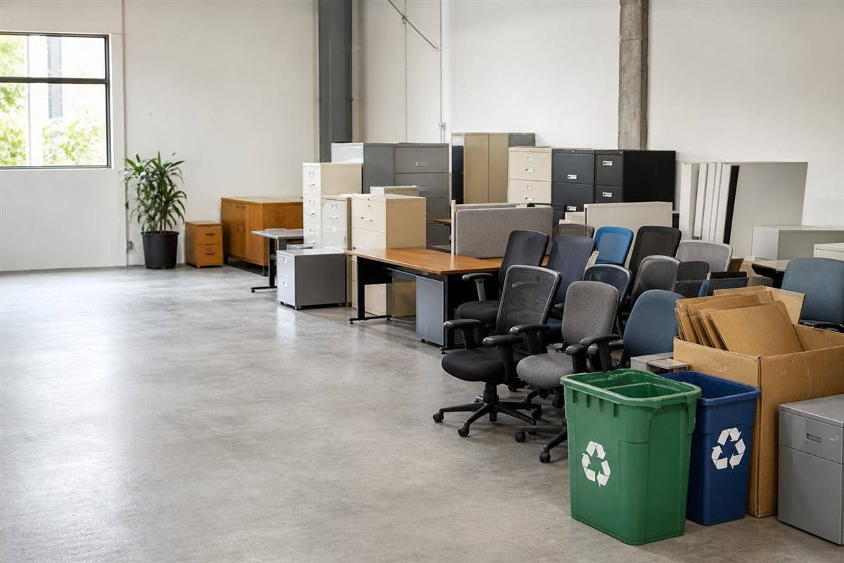 Used office furniture staged for donation and recycling