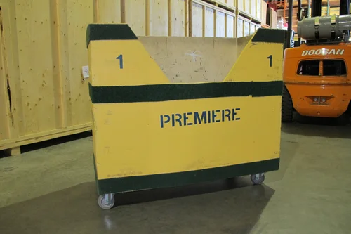 Yellow wooden Premiere chair bin on casters