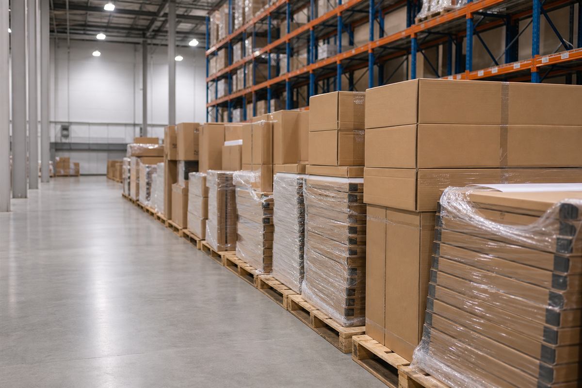 Staged cartons and wrapped furniture ready for final mile delivery